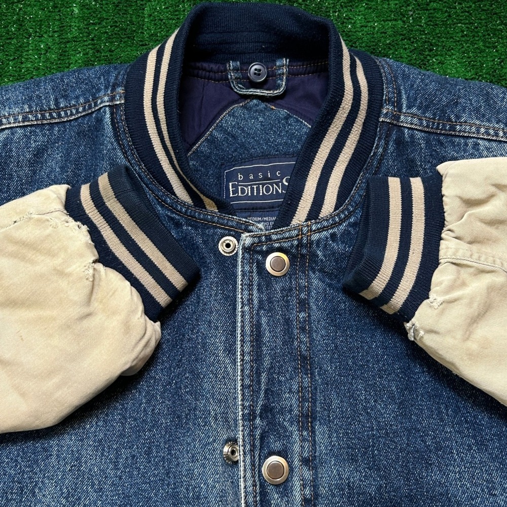 Y2K / Vintage Basic Editions Denim Varsity M Blue Bomber Two Tone Removable Hood - Picture 9 of 13